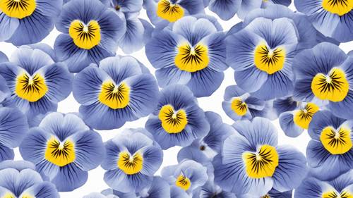 Một họa tiết liền mạch của những bông hoa păng-xê màu xanh tinh tế với tâm màu vàng, nằm rải rác trên nền trắng.