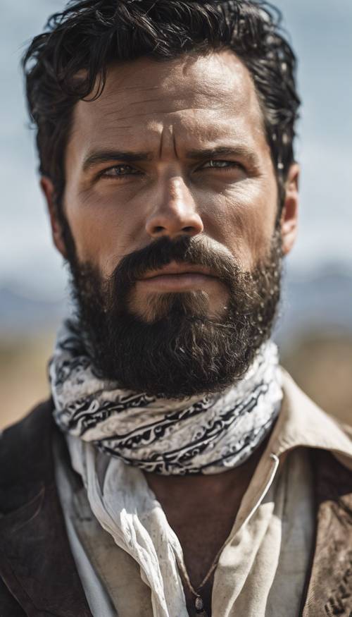 Un ritratto ravvicinato di un cowboy con una barba nera, occhi fiammeggianti e una bandana bianca legata al collo. Sfondo [036b758c009748de8fa0]