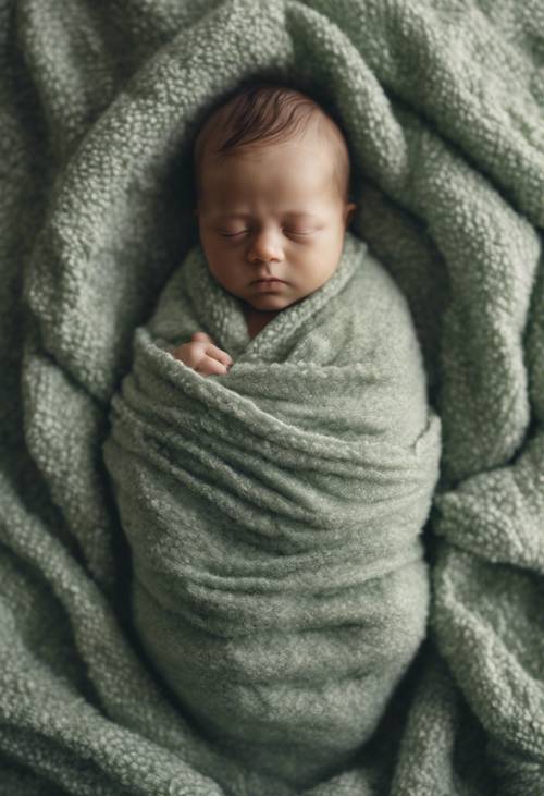 Ein Baby, gemütlich in eine flauschige, salbeigrün karierte Decke gehüllt, schläft friedlich.