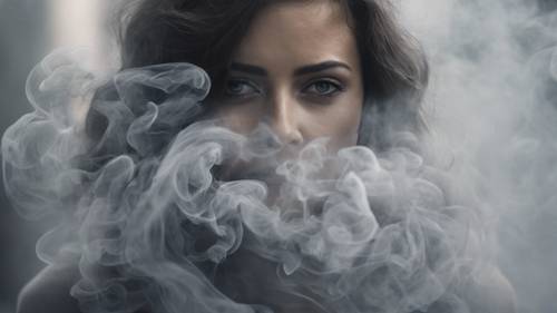 一位神秘的女子，笼罩在翻腾的灰色烟雾之中。