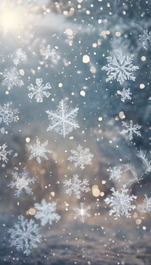 Flocos de neve animados caindo suavemente em uma janela congelada, com uma cena de feriado refletida.