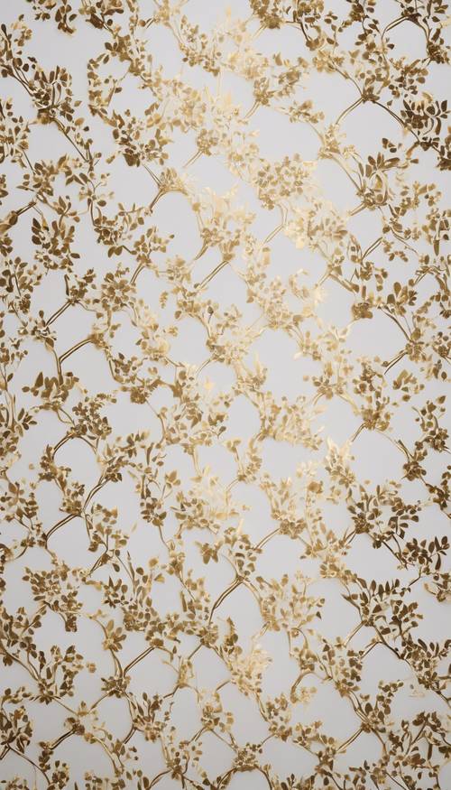 A white and gold patterned wallpaper with a vintage aesthetic.