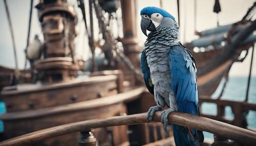 A blue and gray parrot perched atop an ancient pirate ship.