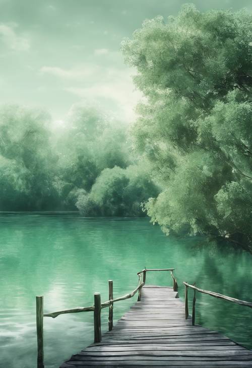 A dark sea green watercolor scene of a peaceful lagoon.