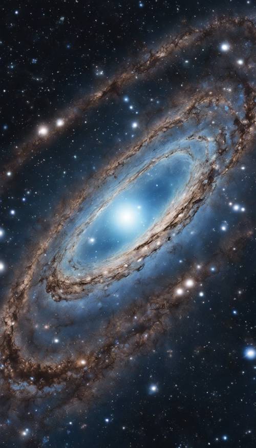 Une galaxie barrée de bleu entourée d’un halo de matière noire.