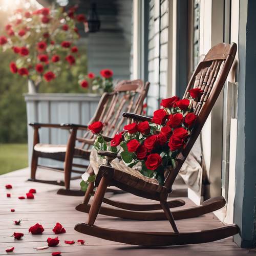 Brown wooden rocking chair on a porch with red roses in background.