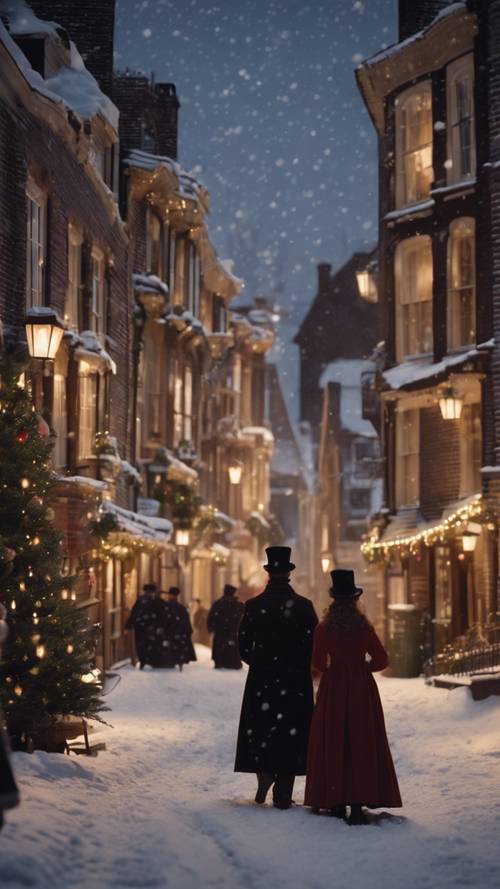 ディケンズ風のクリスマス風景の壁紙: 雪に覆われた石畳の通り、ビクトリア朝の服装をしたキャロラー、窓に灯ったキャンドルの家々