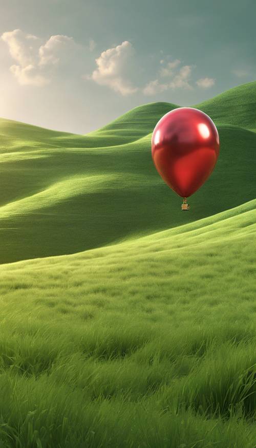 Ein einzelner glänzender, roter 3D-Ballon, der über einer grünen Wiese schwebt.