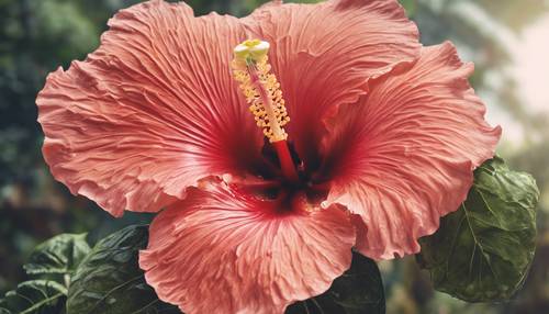 Una ilustración botánica de una flor de hibisco hawaiano, meticulosamente detallada.