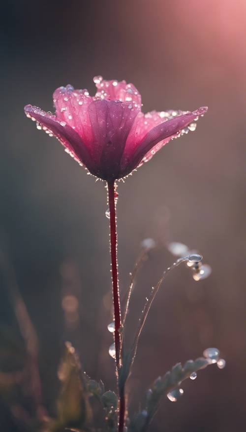 Eine zarte dunkelrosa Blume, im Morgentau getaucht.