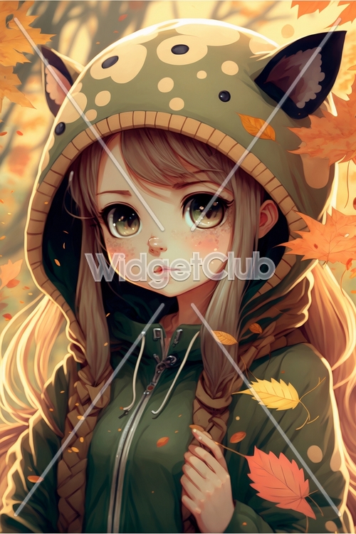 Autumn Girl in Cute Dinosaur Hoodie Divar kağızı[9e4e2dd71b734baabfb1]