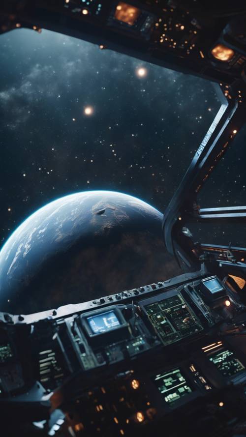 Ciemna, zimna i opuszczona obca planeta obserwowana z kokpitu futurystycznego statku kosmicznego.
