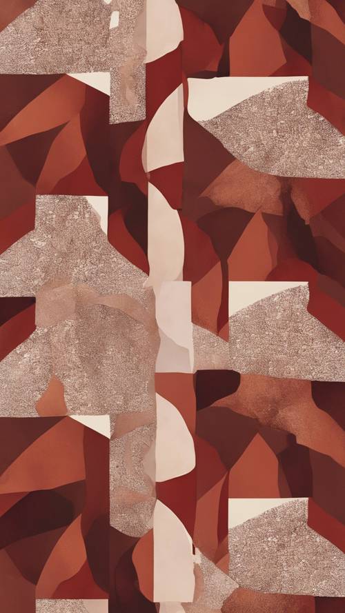 Nieregularne kształty w bogatych odcieniach czerwieni i ziemistego brązu, pomysłowo rozproszone, tworząc niepowtarzalny abstrakcyjny wzór.