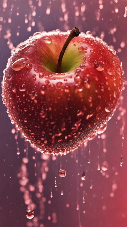 A hyper-realistic, detailed close-up view of the tiny droplets of dew on a ripe, red apple.