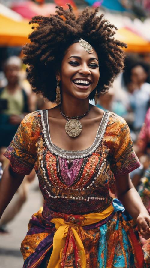 Stylowa czarna dziewczyna tańcząca radośnie na tętniącym życiem festiwalu ulicznym, a jej kolorowy tradycyjny strój podkreśla kulturalną atmosferę.