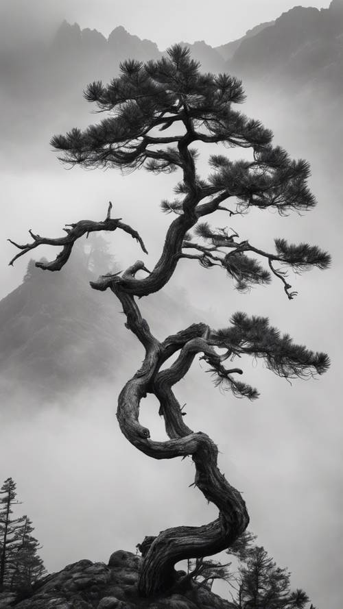 Un pino retorcido y nudoso en la cima de una montaña brumosa, mostrado en blanco y negro.