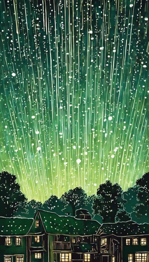 Un intenso sciame meteorico verde salvia dipinge il cielo notturno.