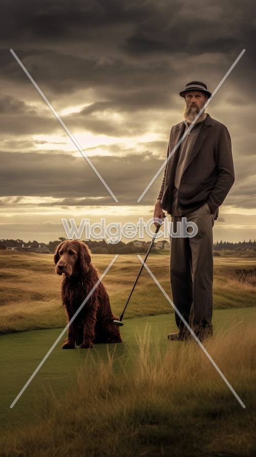 Pôr do sol no campo de golfe com homem e cachorro
