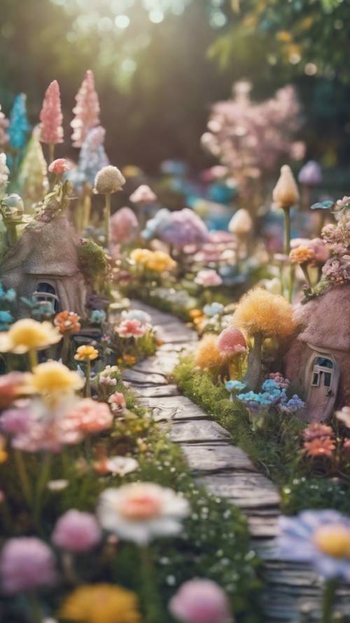 A whimsical fairy garden with pastel flowers blooming under a soft rainbow.