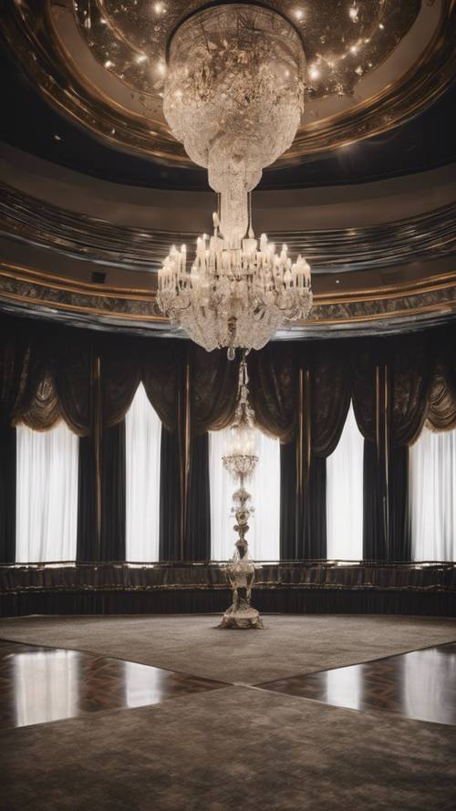 Black damask curtains in a spacious ballroom with a chandelier.
