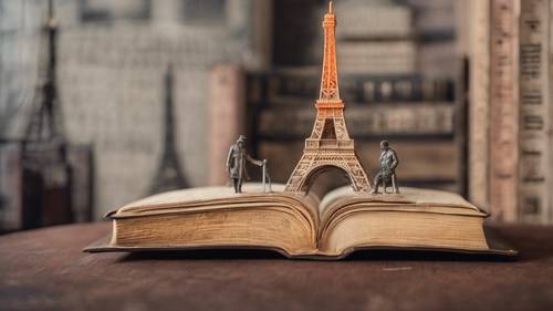 Menara Eiffel diembos dalam sampul buku bersampul kulit antik.