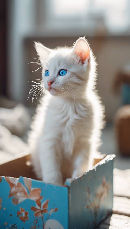 Un gattino bianco e giocoso con vivaci occhi azzurri, che gioca in una scatola aperta in una mattina d&#39;inverno.