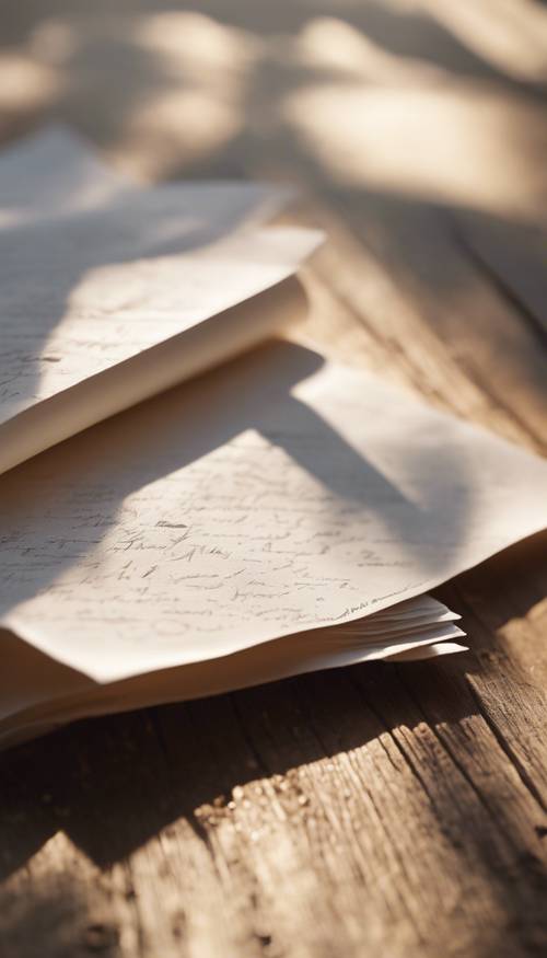 古色古香的木桌上一张白纸的特写镜头，早晨的阳光照射在白纸表面，使白纸微微泛起皱纹。