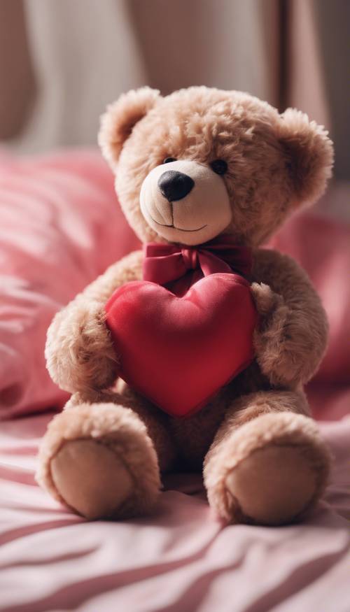 A teddy bear with a big red heart in its hands, sitting on a silk pink cushion.