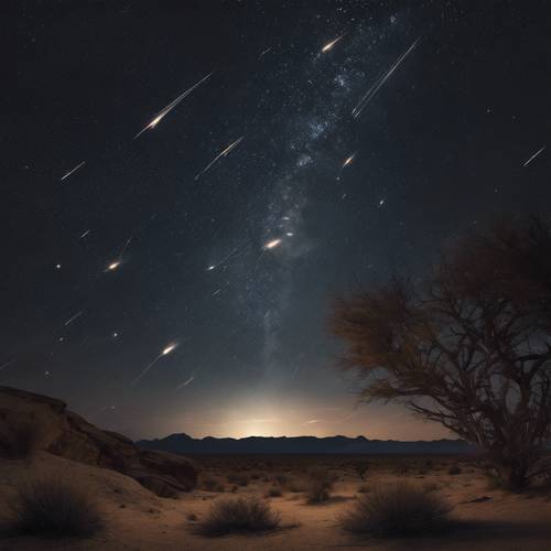 A nighttime desert view with a meteor shower illuminating the clear, dark sky above.