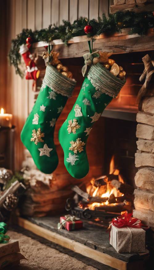 Green Christmas stockings hung by the fire, filled with holiday treats.