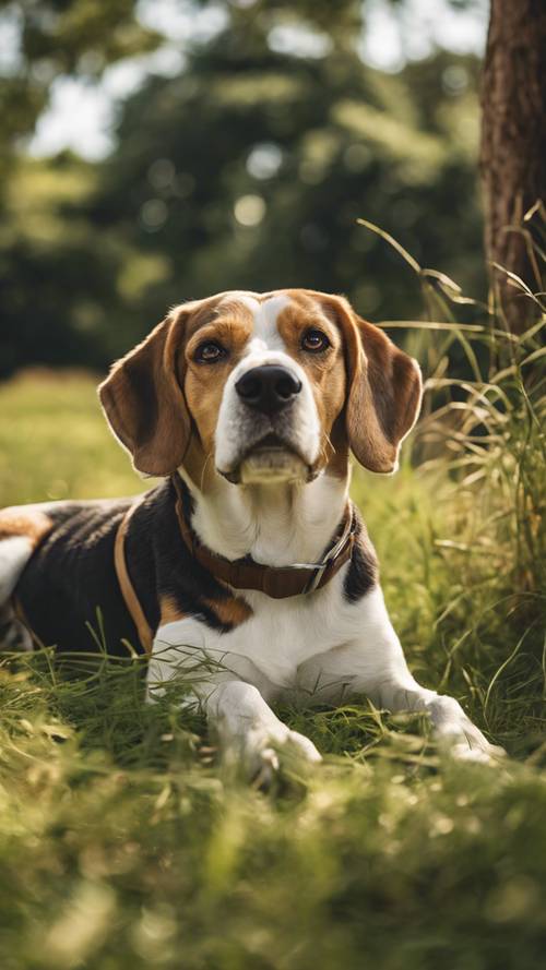 Um idoso cão Beagle cochila pacificamente em um prado gramado sob a sombra de um alto carvalho.