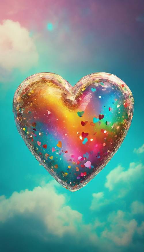 Un corazón vibrante con los colores del arco iris flotando en un cielo turquesa intenso.