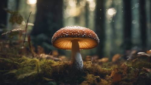 Un grande fungo incantevole e fantastico che brilla intensamente, illuminando una foresta magica scarsamente illuminata.