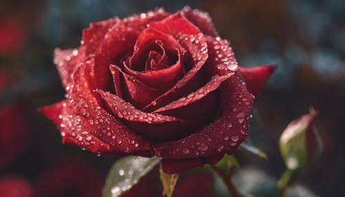 A detailed shot of morning dew on the petals of a crisp red autumn rose