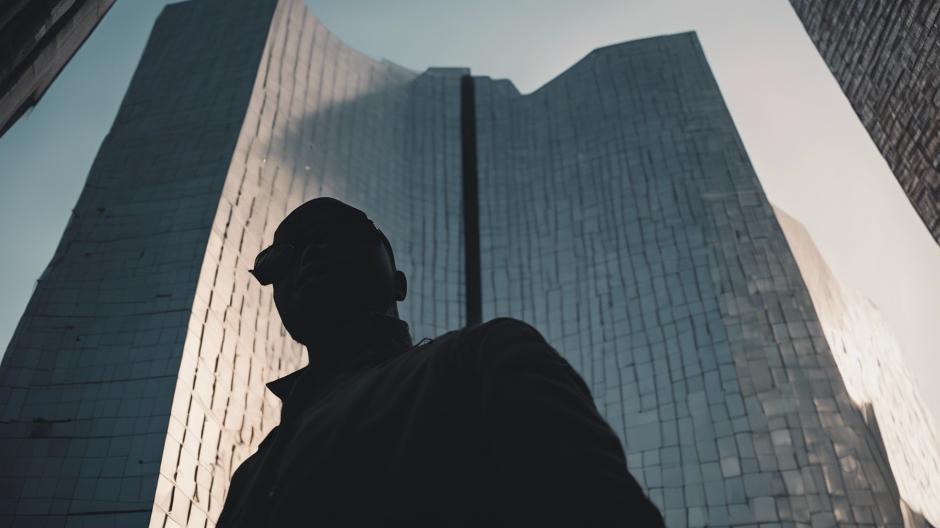The shadowy silhouette of a man against a gigantic, modern textured building Wallpaper[fc5ae4f98fd145a8959c]