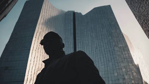 La sombría silueta de un hombre contra un gigantesco y moderno edificio texturizado