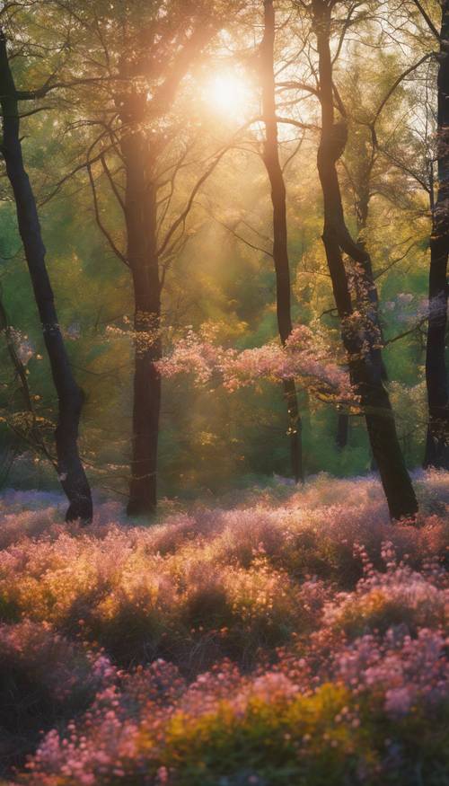 沐浴在黎明霞光中的森林，點綴著春天樹葉的明亮美麗的色彩。