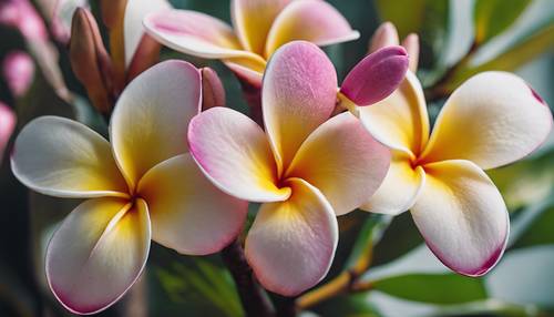 A close-up view of the intricate details of a blooming Plumeria, or Frangipani, group of flowers. Шпалери [c6b8009e90924c04b1e1]