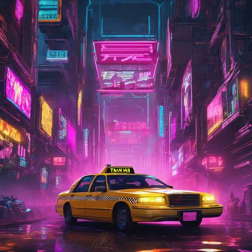 Um táxi controlado por IA em uma cidade cyberpunk com tráfego intenso.