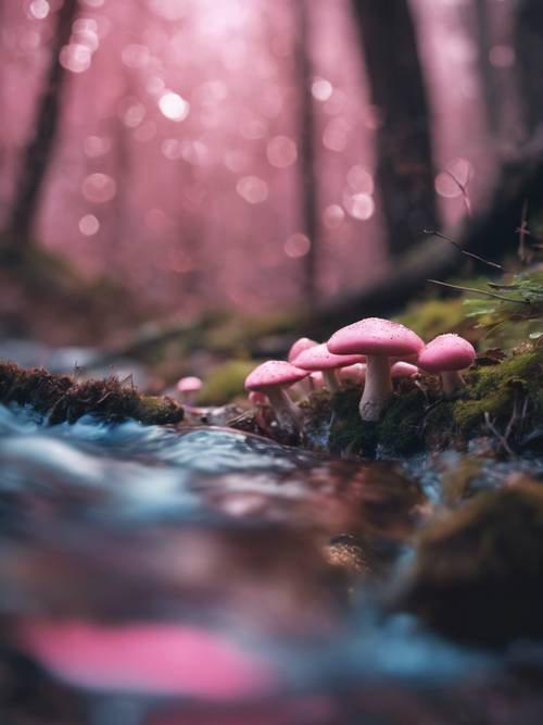Malowniczy krajobraz uroczych różowych grzybów rosnących obok błyszczącego niebieskiego strumyka przepływającego przez mistyczny las.