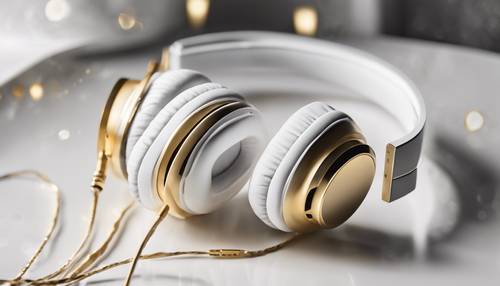 “Fones de ouvido com design elegante e minimalista nas cores branco e dourado.”