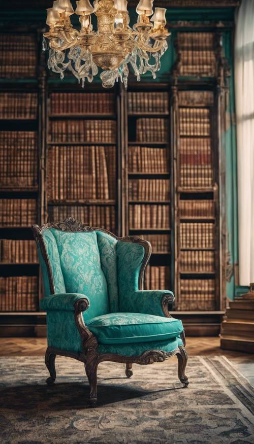 Ein antiker, türkisfarbener, mit Damast gepolsterter Sessel in der Mitte einer gemütlichen Bibliothek.