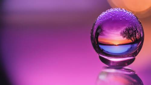 Close up of a dewdrop capturing the reflection of a neon purple sunrise.