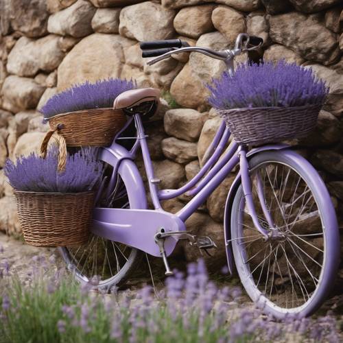 Una bicicletta viola vintage con un cesto di vimini pieno di lavanda in piedi accanto a un antico muro di pietra.