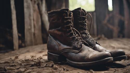 A pair of worn-out, dark textured leather boots in an old barn.