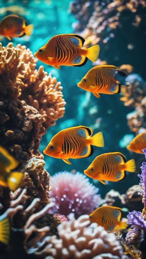 A dreamy undersea world teeming with vibrantly colored tropical fish and exquisite coral formations.