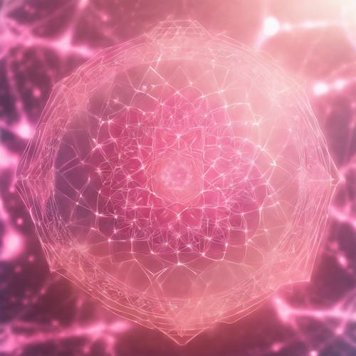 Formas geométricas sagradas irradiando auras rosa suaves para uma sensação meditativa.