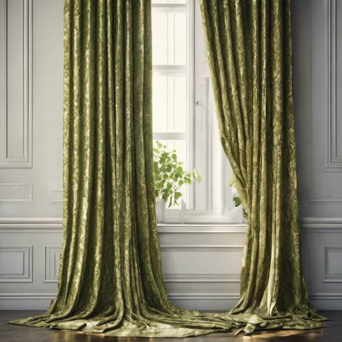 Красивые шторы, свисающие с высокого окна, сшитые на заказ из зеленого и золотого дамасской ткани.