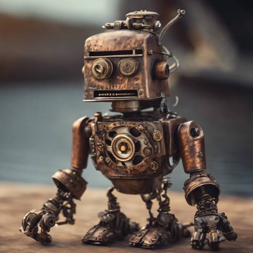 Robot-pirat wykonany ze postarzanej stali i antycznej miedzi, z kołami zębatymi jako częściami ciała.