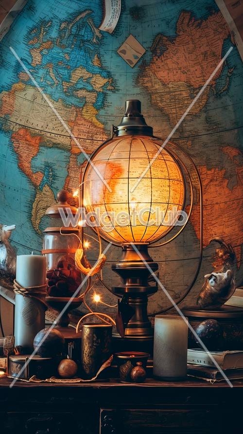 Explore the World with a Glowing Globe and Antique Map טפט[e04cb4ed7bad436c851e]